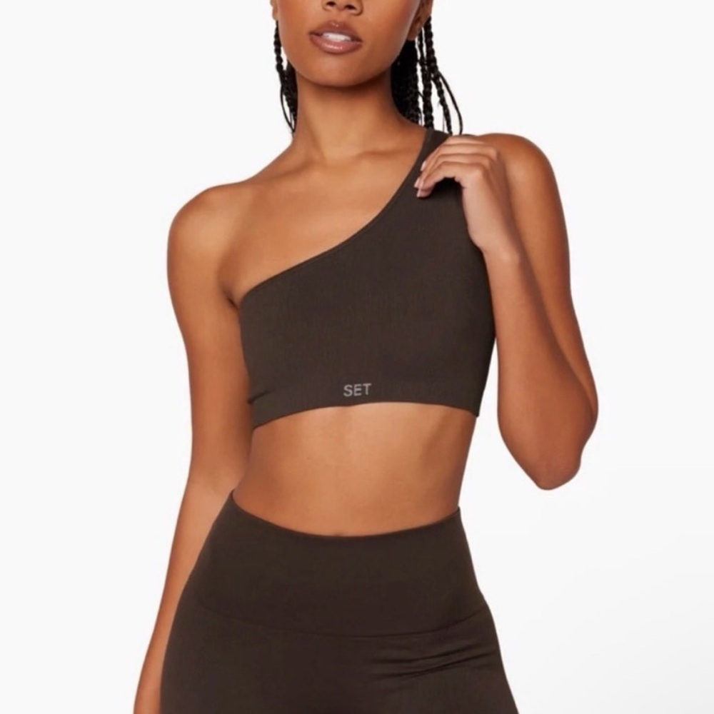 SET Active Espresso Brown One Shoulder Ribbed Sculptflex Sports Bra size large
